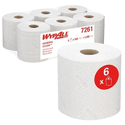 Abbildung von WypAll L20 General Clean Wischtuch für Reinigung und Wartung 7261 2 lagige Rollen mit Zentralentnahme 6 je 550 Papierreinigungstüchern (Gesamtanzahl 3.300)