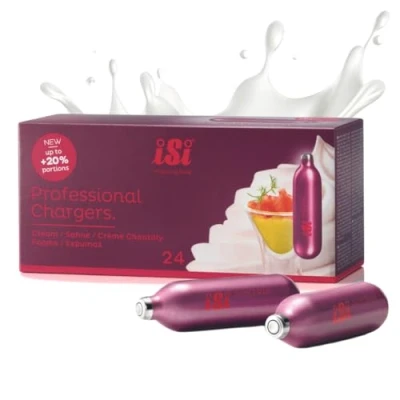 Abbildung von iSi 24 Stück Professional Charger Sahnekapseln für Sahnespender Premium N2O aus Stahl alle Produkte HACCP zertifiziert &amp; 100% recycelbar Made in Austria, Flüssigkeit
