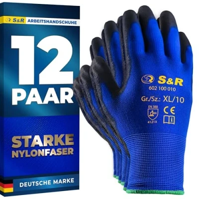Abbildung von S&amp;R Schutzhandschuhe 12 Paar aus Nylonfaser mit Polyurethanbeschichtung, geeignet für den privaten und gewerblichen Gebrauch (XL/10)