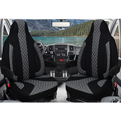 Abbildung von Maß Sitzbezüge Schonbezüge Pilotsitze Fahrer &amp; Beifahrer Set kompatibel mit Wohnmobil FIAT Ducato, Pössl, Knaus, Adria, Carthago, Pilote Laika WPL401 Schwarz/Grau