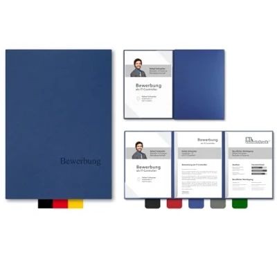 Abbildung von 5 Stück 3 teilige Bewerbungsmappen BL exclusivdruck® OPTIMA plus in Königsblau Premium Qualität mit edler Relief Prägung &#039;Bewerbung&#039; Produkt Design von &#039;Mario Lemani&#039;