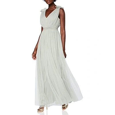 Abbildung von Maya Deluxe Damen Women&#039;s Maxi With Ruffle V Neck Sleeveless High Empire Waist Long Prom Guest Weddi Bridesmaid Dress, Sage Green, 38 EU