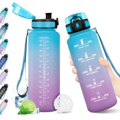 Abbildung von Trinkflasche Sport 1.5L, mit Zeitmarkierung, Wasserflasche Filter, Auslaufsicher, Kohlensäure Geeignet, BPA frei, für Fitness, Gym, Fahrrad, Yoga, Büro