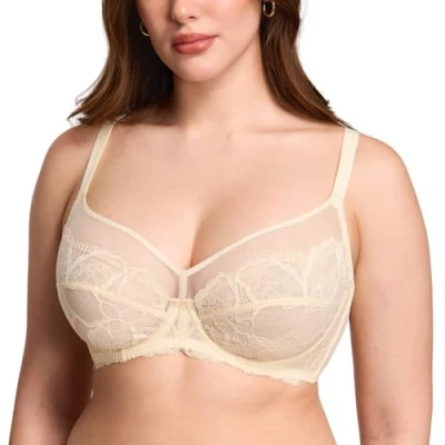 Abbildung von DOBREVA Damen Spitzen Minimizer BH mit Bügel Große Brüste Sexy Vollschalen Ungefüttert Pergament 90C