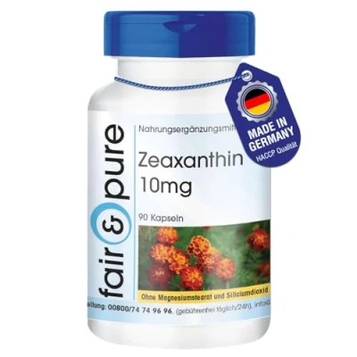 Abbildung von Fair &amp; Pure® Zeaxanthin 10mg 90 Kapseln aus 50mg Tagetesblüten Extrakt natürlich vegan ohne Magnesiumstearat