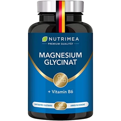 Abbildung von Magnesium Glycinat + Vitamin B6 Optimale Bioverfügbarkeit 1,5 Monatsvorrat 90 Kapseln Hochdosiert Magnesiumcitrat Bisglycinat OHNE Zusatzstoffe Entspannung Schlaf Muskeln Nerven Anti Stress