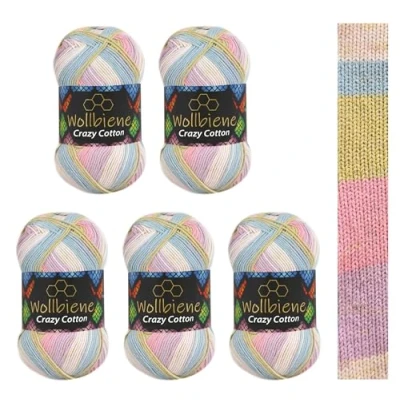 Abbildung von 5 x 100g Wollbiene Crazy Cotton Batik 500 Gramm mit Farbverlauf 55% Baumwolle mehrfarbig Multicolor Strickwolle Häkelwolle Wolle Ganzjahreswolle (6060 flieder rosa grün)