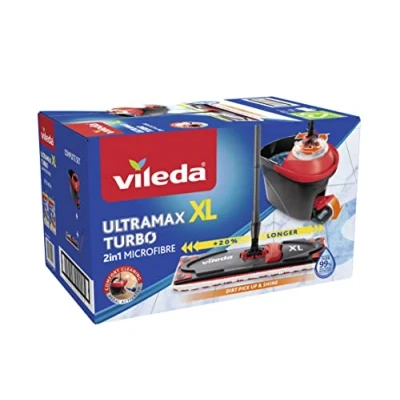 Abbildung von Vileda Ultramax XL Turbo 2in1 Bodenwischer Komplett Set, extrabreiter Wischmopp mit Stiel, Mikrofaserbezug und Eimer Powerschleuder, für alle Hartböden, Wischerplatte 42cm, Stiellänge 75 130cm