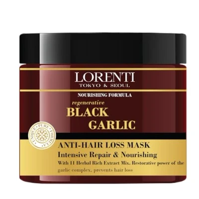 Abbildung von LORENTI TOKYO &amp; SEOUL Black Garlic Hair Care Mask 500ml Haarmaske mit Knoblauch Intensiv reparierende Haarkur sprödes trockenes strapaziertes Haar Schwarzer Kur
