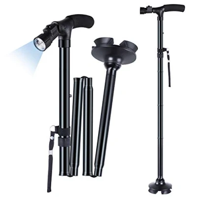 Abbildung von Gehstock Faltbar mit 45 Einstellbar LED Licht, Ohuhu Höhenverstellbarer, Herren Damen Klappbar schwenkbarem Vierfachfuß, Geschenk zum Vatertag Muttertag Geburtstag