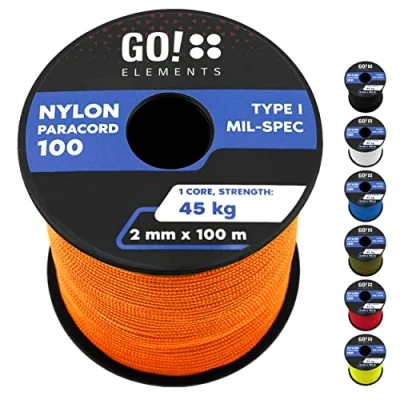 Abbildung von GO!elements 100m Paracord 2mm Seil aus reißfester Nylonschnur 100 Typ I Survival Schnur Reißfest bis 45kg geeignet als Allzweckseil, Reepschnur, Kordel, Maurerschnur, Farbe: Orange
