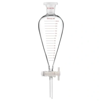 Abbildung von stonylab Messablauftrichter, Schwerwandig Birnenförmig Konisch aus Borosilikatglas mit PTFE Hahn und Kunststoffstopfen, 250 ml