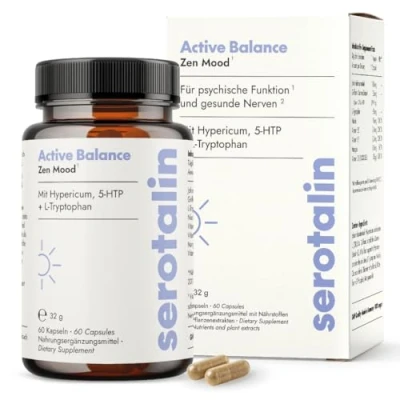 Abbildung von serotalin HAPPY MOOD Kapseln Johanniskraut, Griffonia &amp; L Tryptophan Stimmungsaufheller Tabletten mit Vitamin D, B1,B2, Niacin, Mangan OHNE Koffein 100% vegan, 60 für 2 Monate