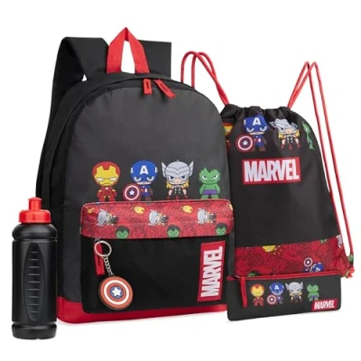 Abbildung von Marvel Schulrucksack Set mit Rucksack Kinder, Turnbeutel, Federmäppchen Jungen, Trinkflasche 470 ml &amp; Keyring Schul Sachen (Schwarz/Rot Avengers)