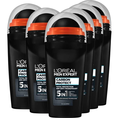 Abbildung von L&#039;Oréal Men Expert Deo für Männer, 5 in 1 Deoroller gegen Geruchsbildung, Nässe, Bakterien und weiße Rückstände bis zu 48 Stunden Frische, Carbon Protect, 6 x 50 ml