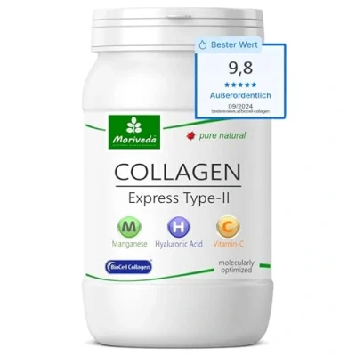 Abbildung von MoriVeda® Collagen Express Kapseln mit Biocell II, Hyaluronsäure, Chondroitinsulfat, Vitamin C &amp; Mangan I für Haut, Haare Gelenke Monatspackung 1x60