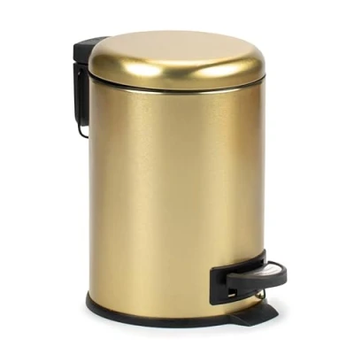 Abbildung von TATAY Kosmetikeimer mit Edelstahlpedal, 3L Kapazität, herausnehmbarer Innenraum, Soft Lock Verschluss, BPA frei, Farbe Gold. Maße: 17,5 x 22,5 25 cm.