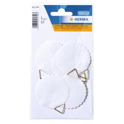 Abbildung von HERMA 5749 Bildaufhänger zum Kleben weiß groß, 6 Stück, Ø 45 mm, selbstklebend, Drahtseil Bildaufhängung ohne Bohren für die Wand, starke Papier Draht Aufhänger Bilder Bilderrahmen bis 1200 g