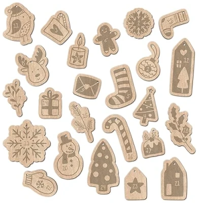 Abbildung von Papierdrachen 24 Adventskalender Zahlen aus Holz mit Baumwollschnur weihnachtliche Motive Elegante Deko für deinen Weihnachtskalender Kinder und Erwachsene Set 8