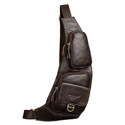 Abbildung von Xieben Leder Sling Brusttasche Crossbody Pack für Herren Damen Reisen Outdoor Motorrad Fahrrad Schulter Tasche Rucksack Tagesrucksack Kaffee