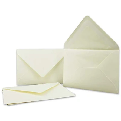 Abbildung von 100x Kuverts in Creme Brief Umschläge DIN B6 12,5 x 17,6 cm geripptes Papier cremefarbenes Seidenfutter für Weihnachten &amp; festliche Anlässe