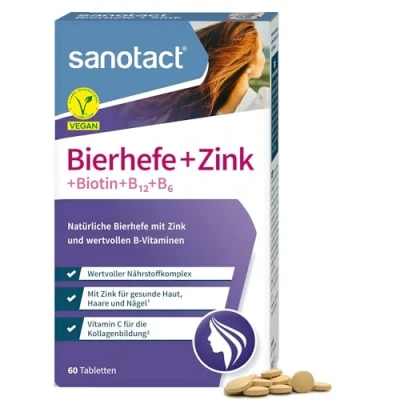 Abbildung von sanotact Bierhefe + Zink (60 Tabletten) Für Haut, Haare &amp; Nägel Vitamin Komplex mit Bierhefe, Zink, Biotin, B12, B6 C Haut Haar Vitamine 100% Vegan