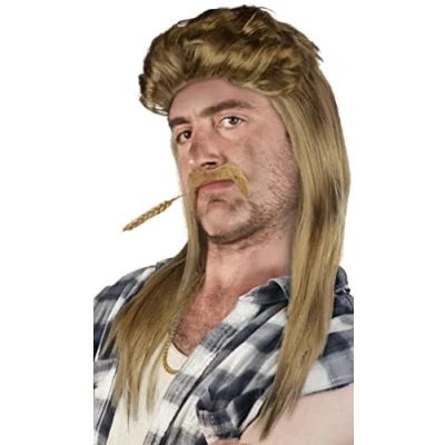 Abbildung von SET aus: Vokuhila Perücke + Bart Goldkette Rocker Prollperücke Vokuhilaperücke Proll Pimp Blond Brünette Grau Schwarz 80er 90er Jahre (Blond Goldkette)