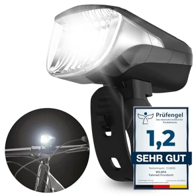 Abbildung von VELMIA Fahrradlicht Vorne StVZO zugelassen mit USB Akku Betrieb und 8,5h Leuchtdauer I LED Fahrrad Licht regenfest aufladbar Front Fahrradlampe Schwarz