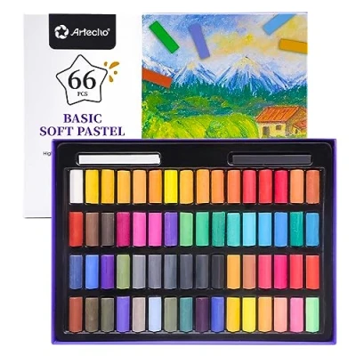 Abbildung von Artecho Pastellkreide 66er Premium Set, 64 Farben Darunter Extra Schwarz &amp; Weiß, Ideal für Künstler, Hobbymaler, Schule, Kunstunterricht.