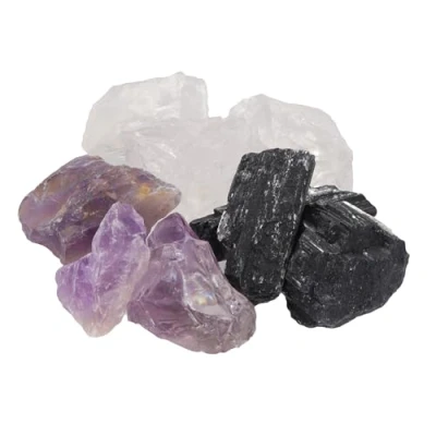 Abbildung von Wassersteine „Schutz“ Mischung Edelsteinwasser Set 100% naturbelassene Rohsteine Schwarzer Turmalin + Amethyst Bergkristall 300g Lebensquelle Plus