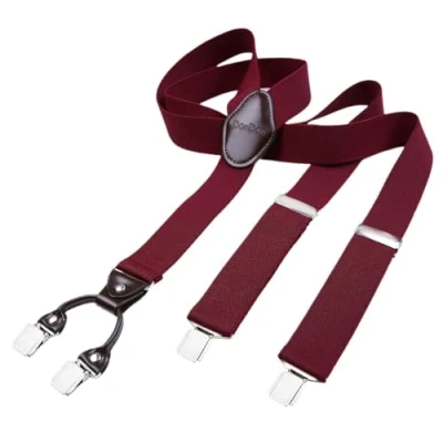 Abbildung von DonDon Hosenträger Herren extra stark 3,5 cm breit mit 4 Clips in Y Form und braunem Leder Patch, bordeaux