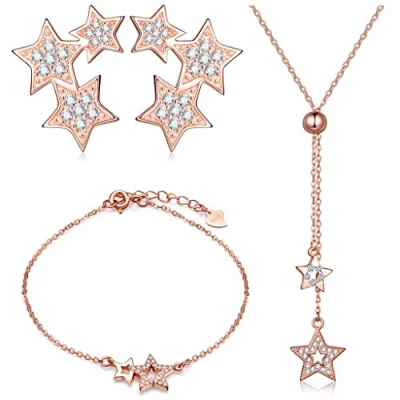 Abbildung von Yumilok Roségold 925 Sterling Silber Zirkonia Sterne Charm Armband Halskette Ohrstecker Schmuck Set Armkette Kette Ohrringe für Damen Mädchen