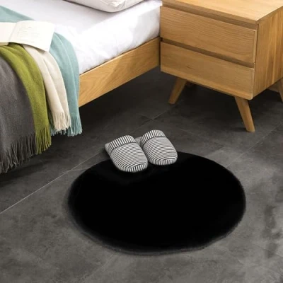 Abbildung von Teppich Wölkchen Fell Rund, Fellteppich Kunstfell Waschbar, Hasenfell, Kaninchenfell Flauschiger Wohnzimmer, Bettvorleger Schlafzimmer Schwarz Rund 60cm
