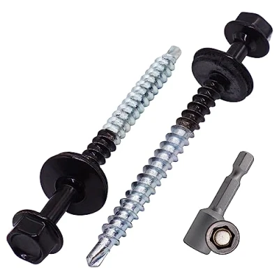 Abbildung von SKIR&#039;CO (10 Stück) lackierte Dachschrauben 4,8 x 60 mm, Sechskantkopf, selbstbohrende Schrauben mit EPDM Unterlegscheiben (Tiefschwarz, RAL 9005)