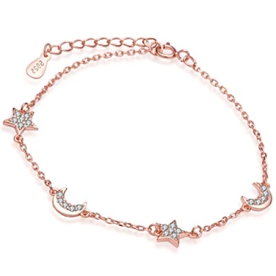 Abbildung von Yumilok Roségold 925 Sterling Silber Zirkonia Monde Sterne Charm Armband Armkette Armschmuck für Damen Frauen Mädchen, 6.5 7.5&quot; Verstellbar