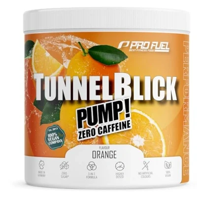 Abbildung von PUMP Booster ohne Koffein ORANGE 440g TUNNELBLICK® Matrix mit Citrullin, Arginin, Taurin, Tyrosin und Pflanzenextrakten hochdosierter Pre Workout koffeinfrei 100% vegan