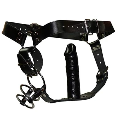 Abbildung von Riemen String aus Leder mit Penis /Hodenringen &amp; Analdildo innen