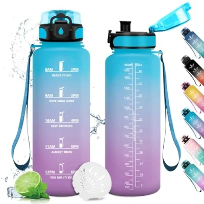 Abbildung von Sportflasche 1.5L, Trinkflasche Sport Wasserflasche mit Zeitmarkierung, Auslaufsicher Filter, für Fitness, Camping, Fahhrad, Outdoor, Erwachsene, Wandern