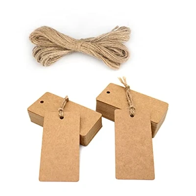 Abbildung von Kraftpapier Anhänger Geschenkanhänger Etiketten 9 * 4,5cm, 100stk. mit Jute Schnur, für Hochzeitsgeschenke Weihnachtsgeschenke Partygeschenke (Braun)