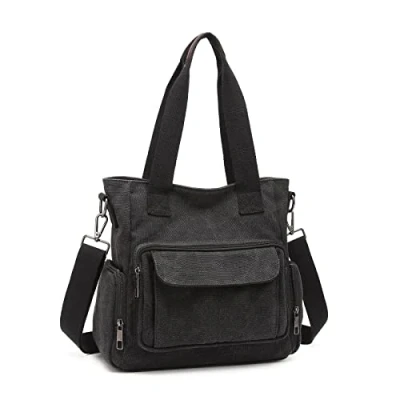 Abbildung von KONO Canvas Damen Handtasche Casual Hobo Umhängetasche Top Griff Tote Umhängetaschen für Arbeit, Reisen, Einkaufen (Schwarz)
