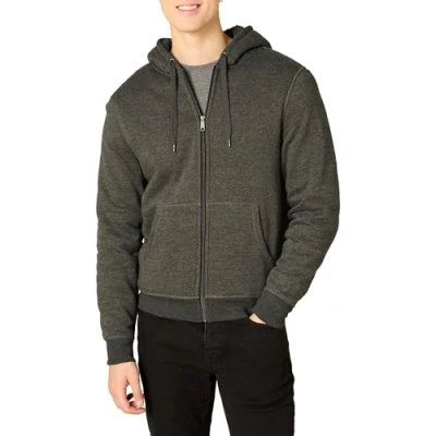 Abbildung von Amazon Essentials Herren Hoodie mit Sherpa Futter und durchgehendem Reißverschluss, Dunkelgrau Meliert, S