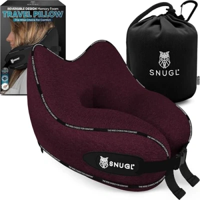 Abbildung von SNUGL Nackenkissen Flugzeug Memory Foam Reisekissen Nackenhörnchen Waschbar Nackenstützkissen &amp; Kopfkissen für Reise, Auto, Zug, Bus Ergonomisches Flugkissen Erwachsene Kinder (Dunkelrot)