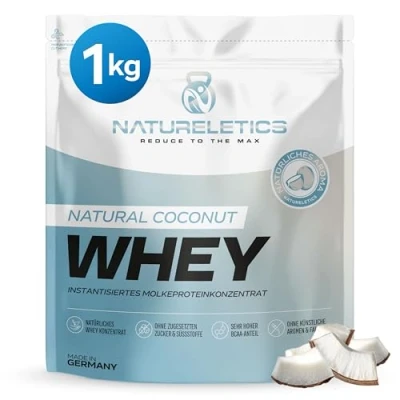 Abbildung von NATURELETICS KOKOS 1kg natürliches Premium Whey Protein aus Deutschland ohne Zusatz von Zucker Süßstoffen, Eiweißpulver mit einem hohen BCAA Anteil 22,6%