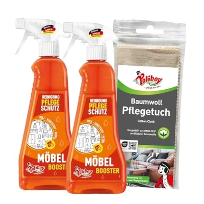 Abbildung von POLIBOY Möbel Booster Reinigendes Möbelpflegemittel Entfernt als Möbelreiniger Schmutz und frischt auf 2x 375 ml Mit Baumwolltuch Made in Germany
