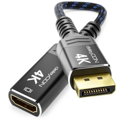 Abbildung von deleyCON DisplayPort auf HDMI Adapter (Für Monitor, TV, Beamer) 4K@30Hz // 1080P@60Hz Aluminium Stecker Nylonkabel zu Buchse PC Laptop Monitor Schwarz