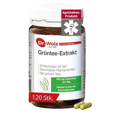 Abbildung von Grüntee Extrakt von Dr. Wolz, 450mg Catechine aus grünem Tee, mit natürlichem Vitamin C der Acerolakirsche, 120 Kapseln