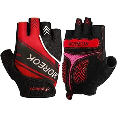 Abbildung von MOREOK Fahrradhandschuhe für Herren Damen Sommer Radsporthandschuhe Halbfinger 5MM SBR Gel rutschfeste/stoßdämpfende Handschuhe hellrot S