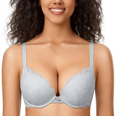 Abbildung von DOBREVA Damen Push Up BH Mit Spitze Gepolstert Plunge Bügel Vollschalen BHS Gemoldete Cups Opalgrau 80C