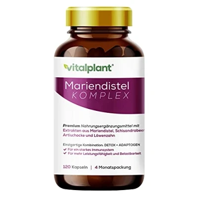Abbildung von Vitalplant® Mariendistel 80% Silymarin, Schisandra, Artischocke, Löwenzahn Einzigartiger Adaptogen Pflanzen Komplex hochdosiert 120 Kapseln vegan