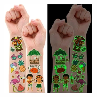 Abbildung von Leesgel Hawaii Deko für Kinder, 150 Stück Leuchtende Tattoo Kinder Kindertattoos Aufkleber Dekoration Party, Sommer Kindergeburtstag Geschenke 12 Blatt